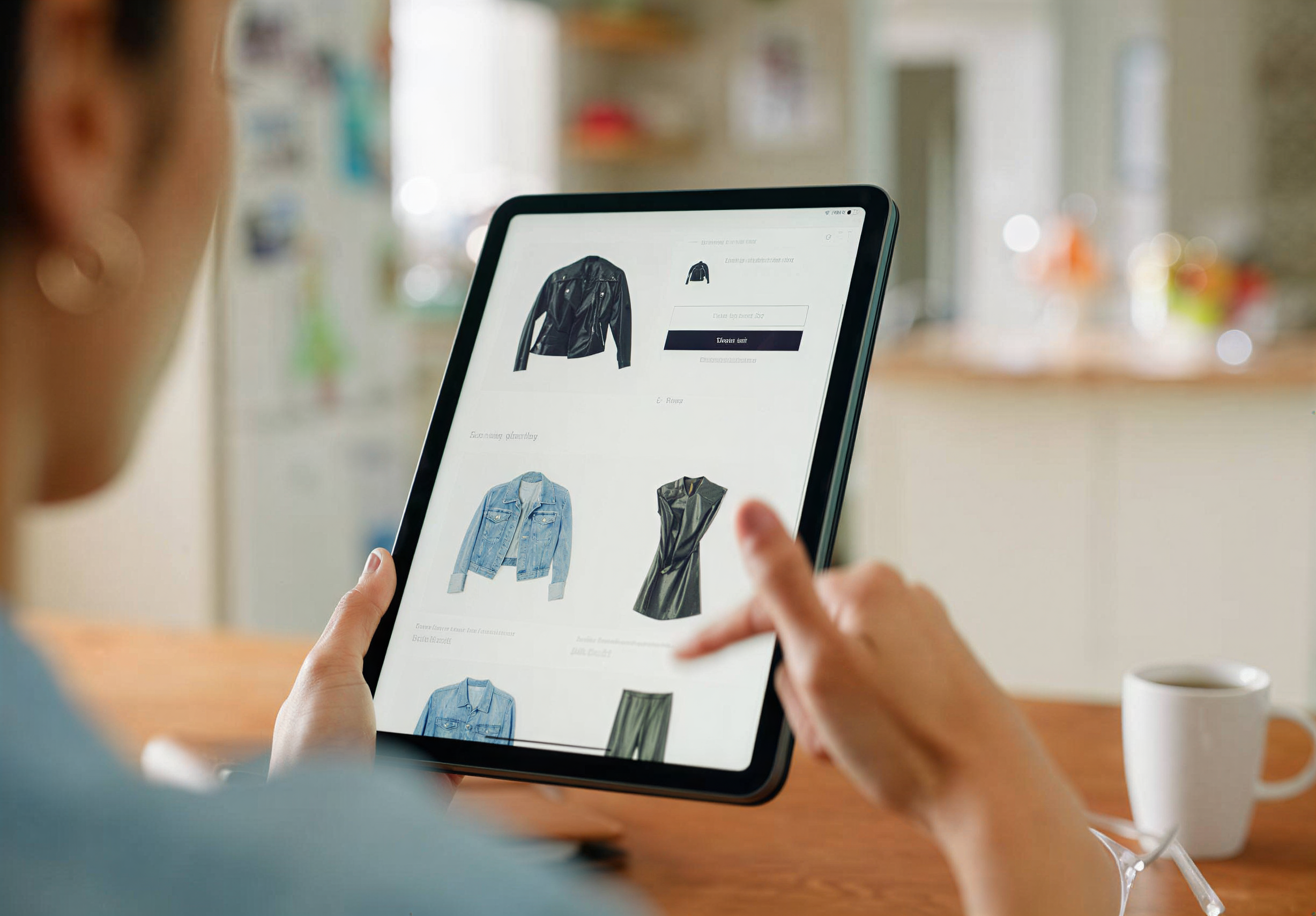 Person browsing jacket listings on a tablet